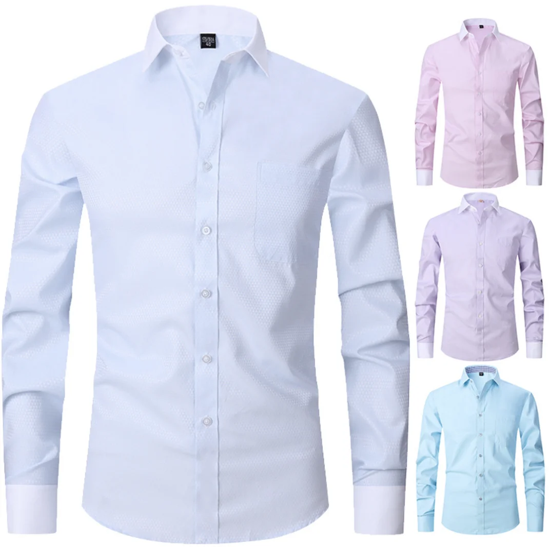 French business dress long sleeved white shirt men's solid color