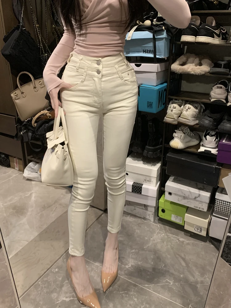 

Женские модные базовые джинсы-карандаш с высокой талией, эластичные, в корейском стиле, с эффектом удлинения ног, из хлопка