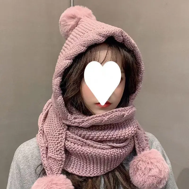 Wool Hat Women's Autumn and Winter Versatile Scarf Integrated Hat Cute Hairball Ear Protector Thickened Warm Knitted Hat Beanies