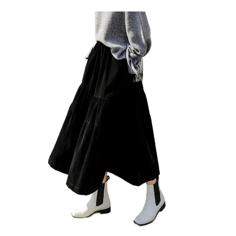 

Spring Autunm Women Long velour Skirts Casual Ruffles Female Vintage long Maxi Skirt plus size velour Skirts Streetwear Vestidos