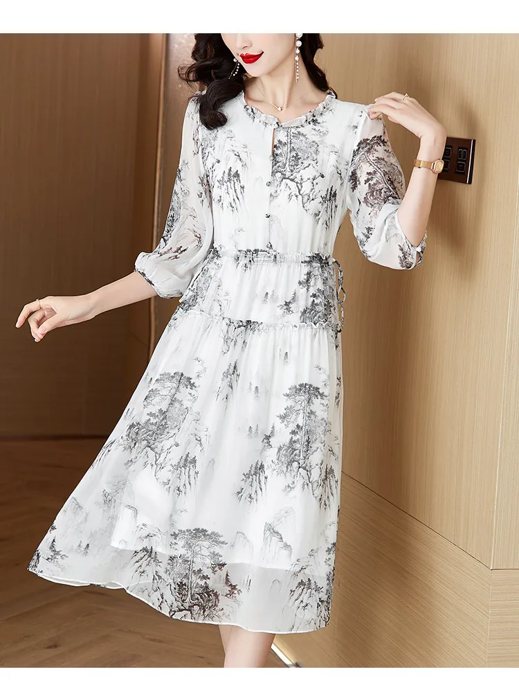 Spring/Summer 2024 New Embroidery Long Sleeve Dress Women Grey Silk French Waist Slim Over Knee Long Dress Luxury Evening Dress