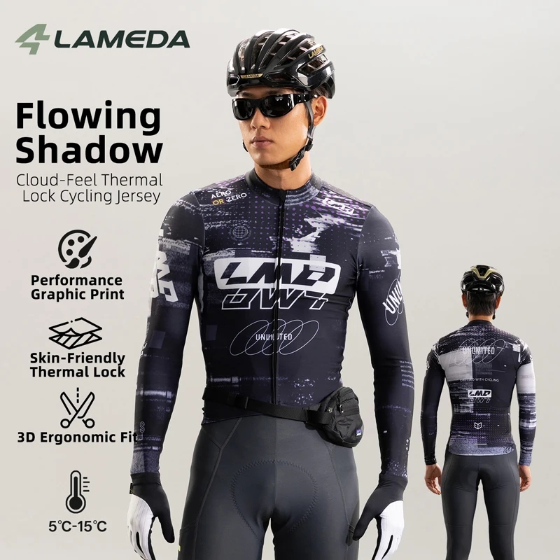 LAMEDA Men's Winter Fleeced Cycling Jersey 5-15°C Thermal Fleece Bike Tops Cloud Warm 3D Fit 3 Pockets Reflective Road Clothing