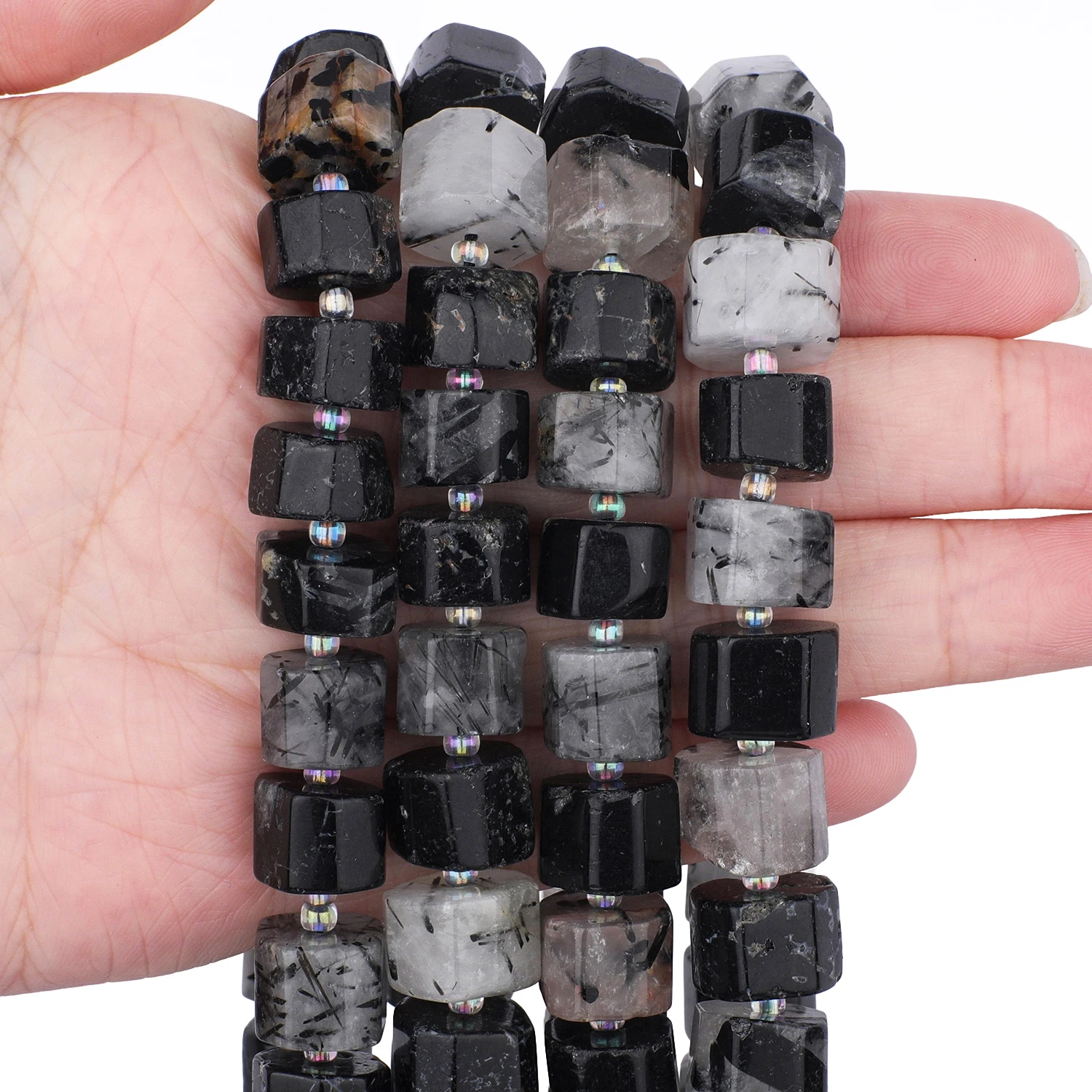 9-13mm AAA Irregular Rondelle Natural Stone Black Rutilated Quartz Beads Column Loose Beads for Jewelry Making Energy Bracelets