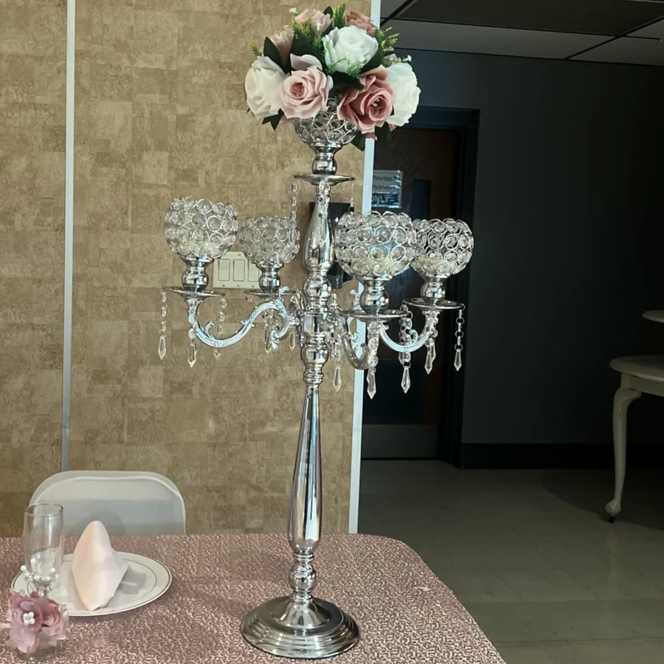 

5pcs/10pcs)5 Arm sliver Candelabra Centerpieces with Crystal for Wedding Tables, Tall Metal Candlestick Candle Holders f