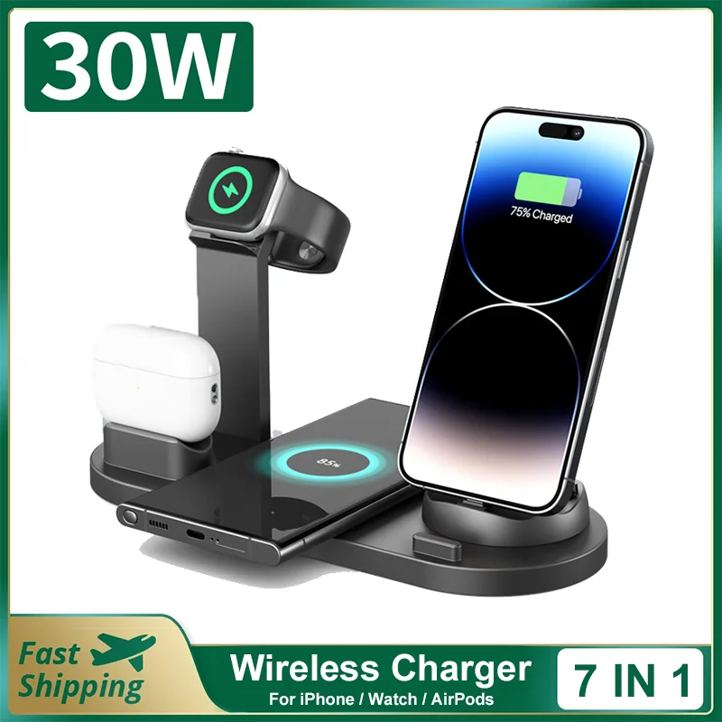 PD 30W Wireless Charger For iPhone 16 15 14 13 Pro Max 7 in 1 Desktop Charger For Apple Watch AirPods Pro Home Charging Station