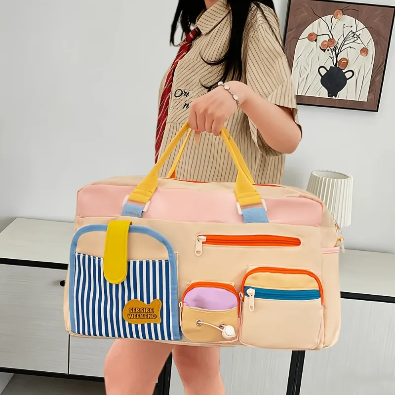 

Large Capacity Color Block Travel Duffel Bag, Multi-Functional Sports Gym Tote Bag, Portable Weekender Overnigh Bag