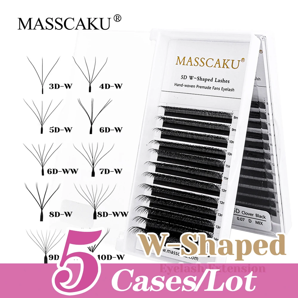 MASSCAKU 5cases/lot Wholesale All Size W Shape Premade Volume Fans Lash Individual Ribbon Faux Mink W Style Lashes Easy to Graft