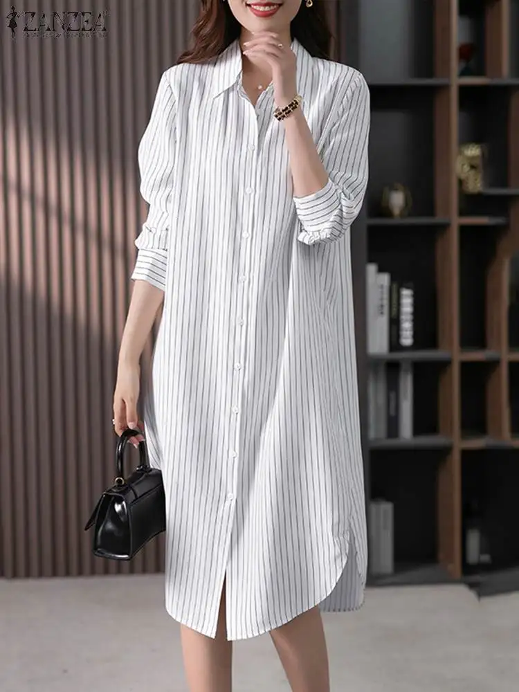 ZANZEA  Spring Kaftan Fashion Striped Shirt Dress Women Lapel Neck Full Sleeeved Midi Dresses Holiday Vestidos Work Robe Femme