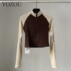 Yoozou-女性用長袖コットンスリムリブTシャツ,ジッパー付きコントラストカラー,ショートトップ,黒,白,ベージュ,茶色