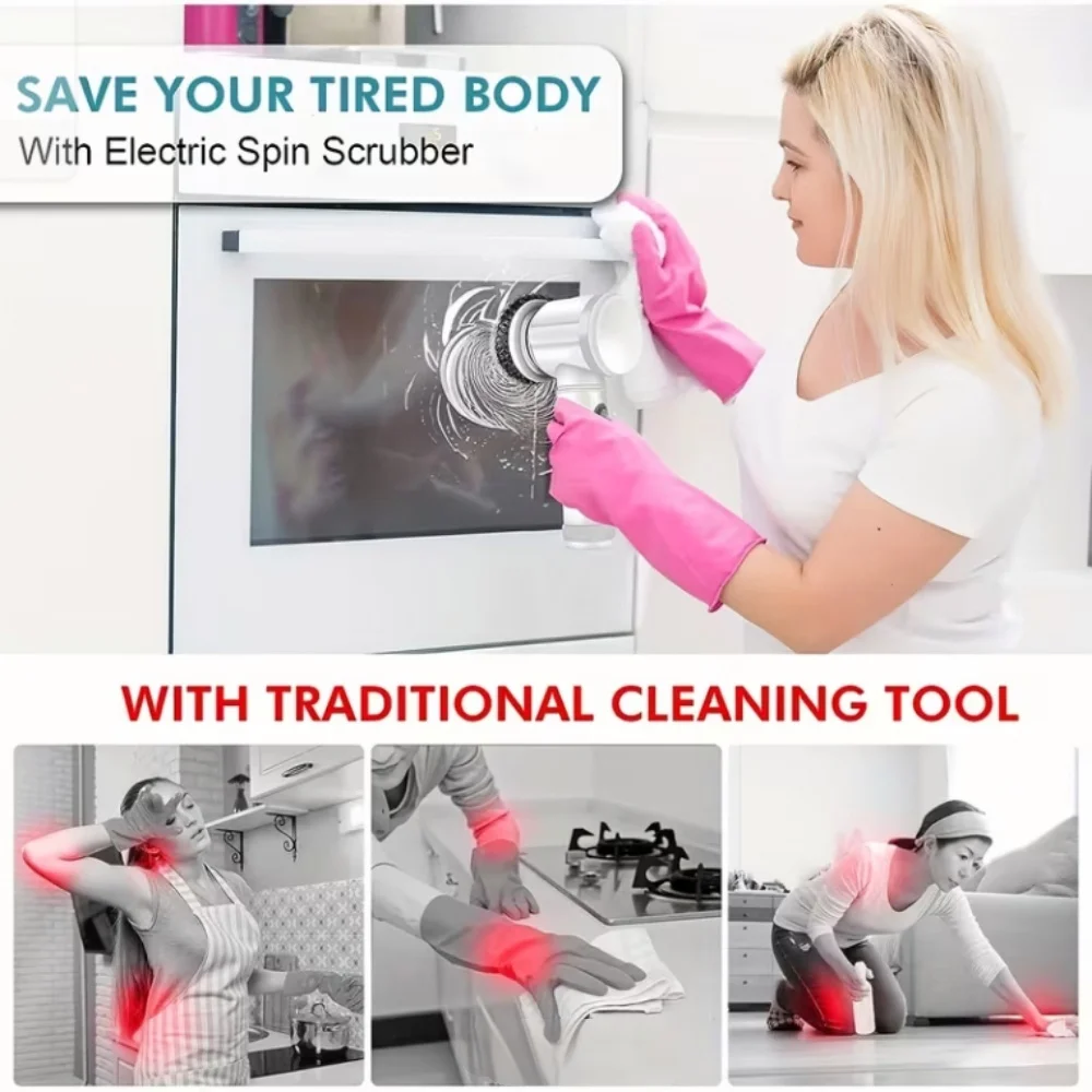 Handheld Electric Spin Scrubber USB Rechargeable Cleaning Brush with Replaceable Brush Heads for Kitchen Bathroom Tile Household