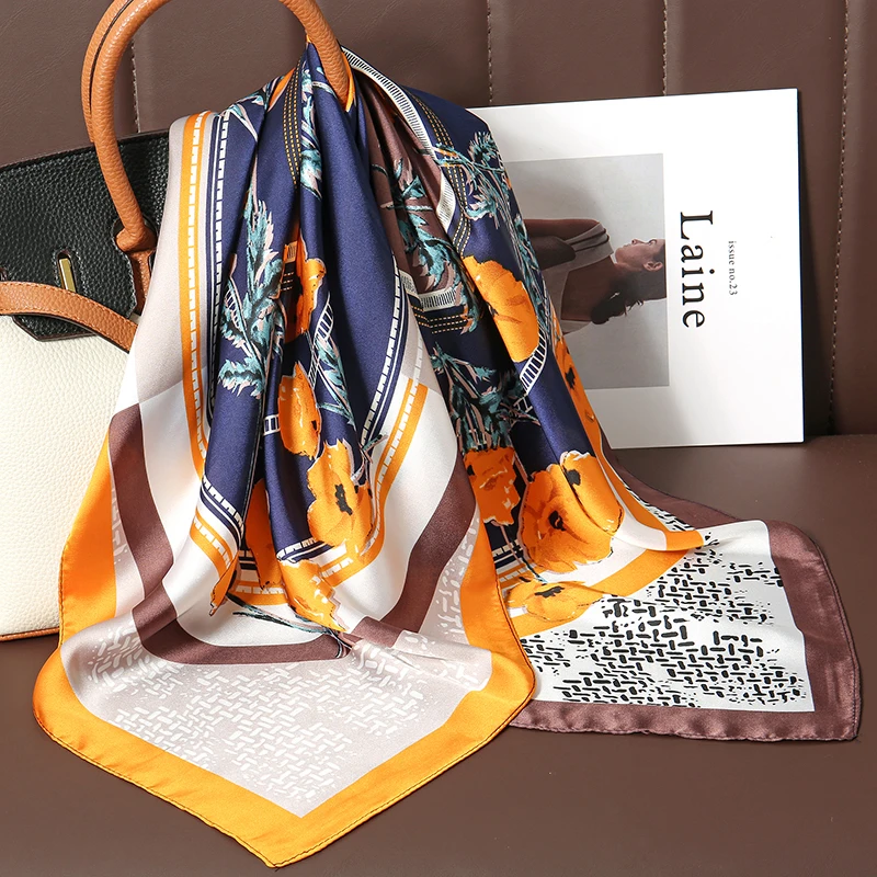 Fashion 70*70CM Women Print Satin Silk Square Scarf Shawl Design Luxury Lady Sun Protection Headscarf Versatile Wrap Bandana