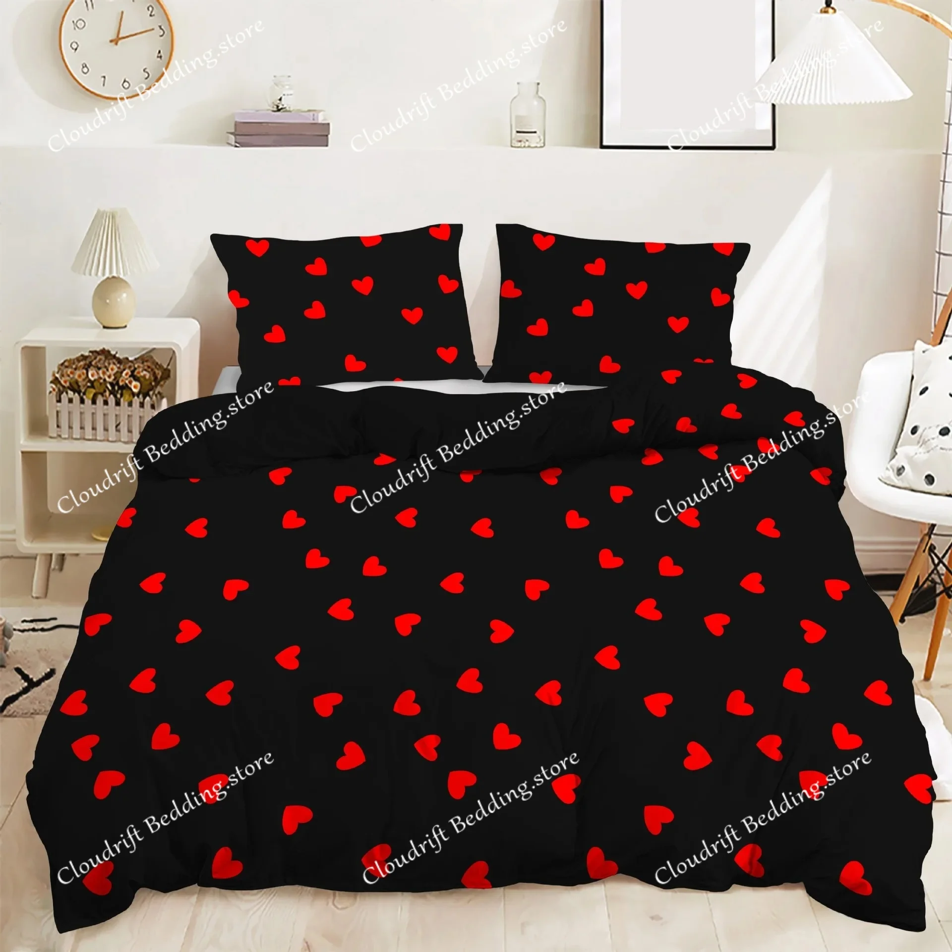 

Red Heart Duvet Cover Queen Love Heart Pattern White Comforter Covers Set Cute Print Bedding Set With Zipper Closure