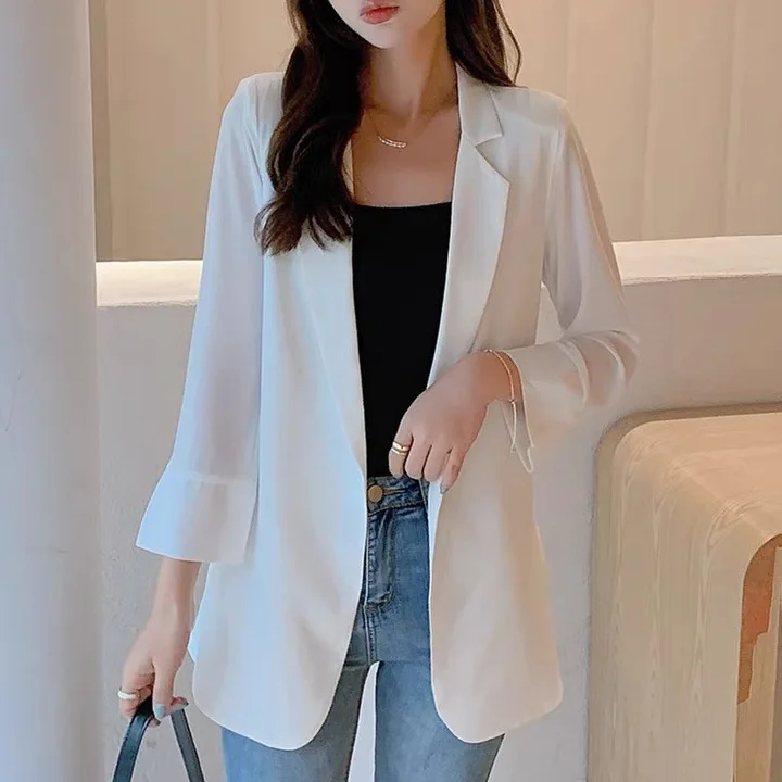 

Blazers Women Elegant Ladies Korean Style OL Solid Color Casual Loose Summer All-match Long Sleeve Chic Women Small Suit A142