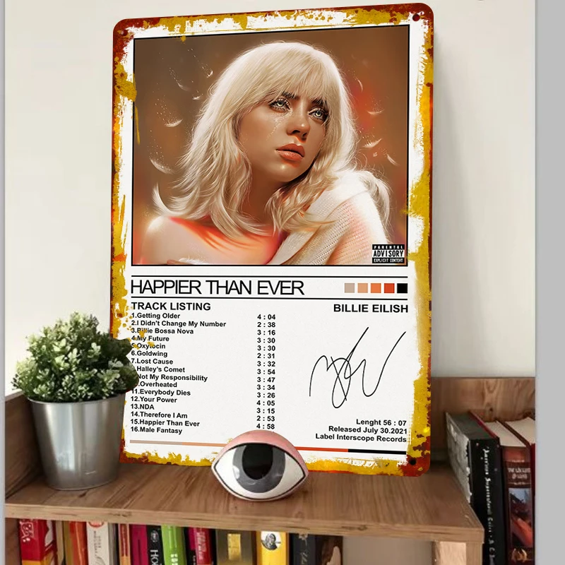 Billie Eilish Happier Than Ever Album Cover Metal Tin Sign Wall Art Decor 12x8 Inch