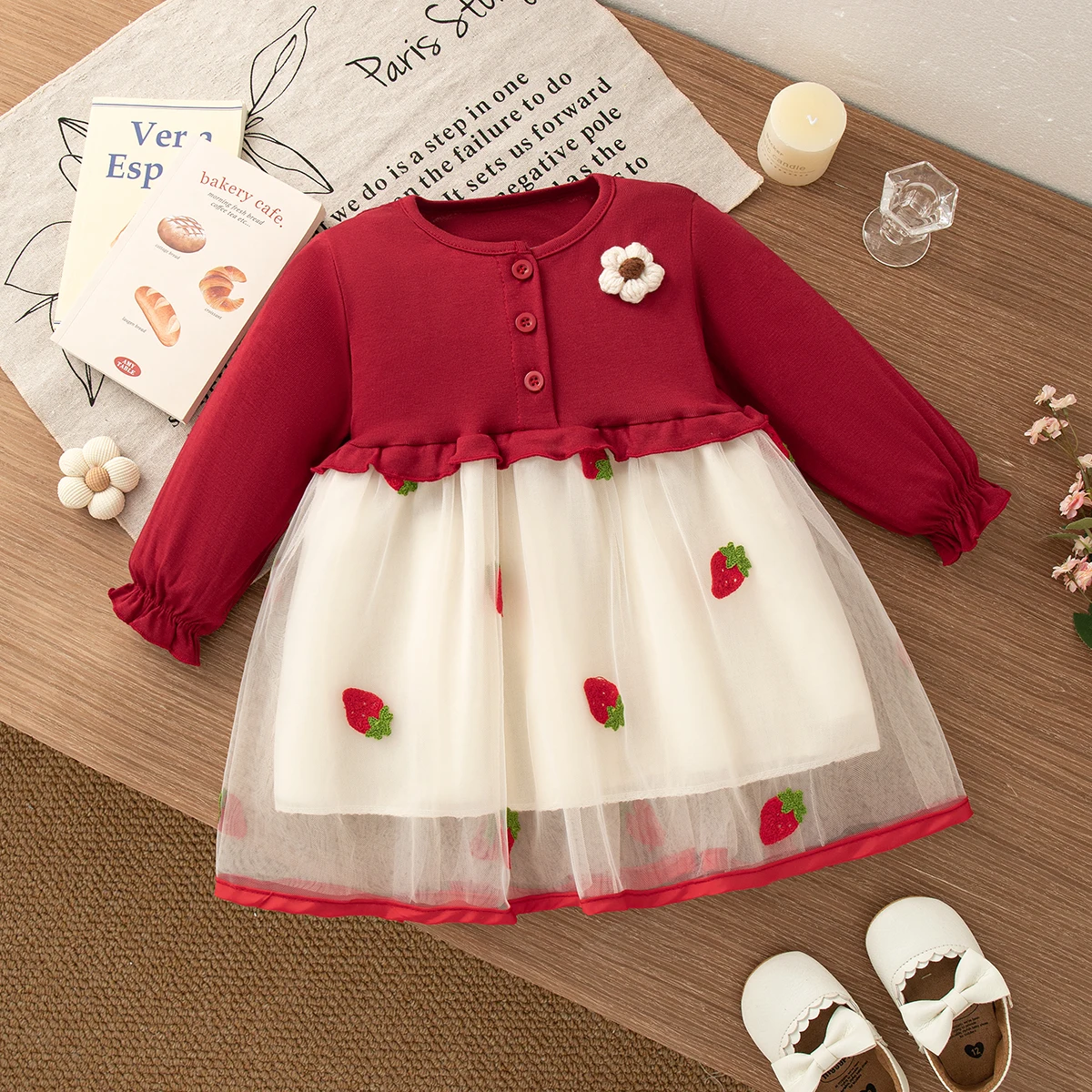 Baby Girl Dress Spring And Autumn Flowers And Strawberry Pattern Long-Sleeved Fluffy Baby Dresses Cute Casual Girls Dress