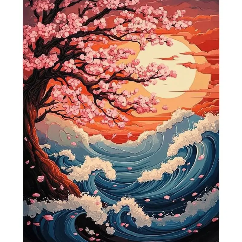 

PhotoCustom Diy Diamond Painting Wave Scenery Full Round Diamond Cross Stitch Handicrafts Rhinestones Decor Adult Gift