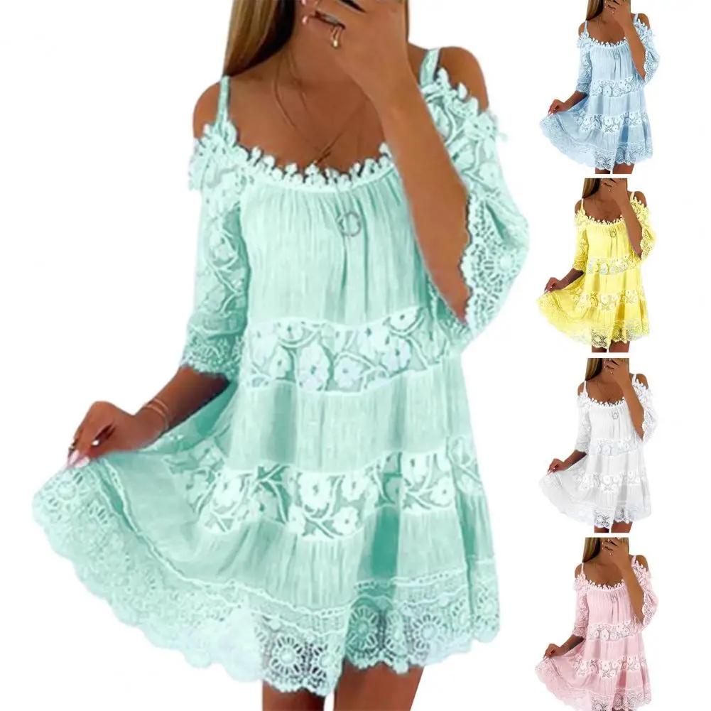 

1Pc Loose Scoop Neck Party Dress Half Sleeves Comfortable Summer Dress Embroidery Crochet Lace Cold Shoulder Dress for Beach