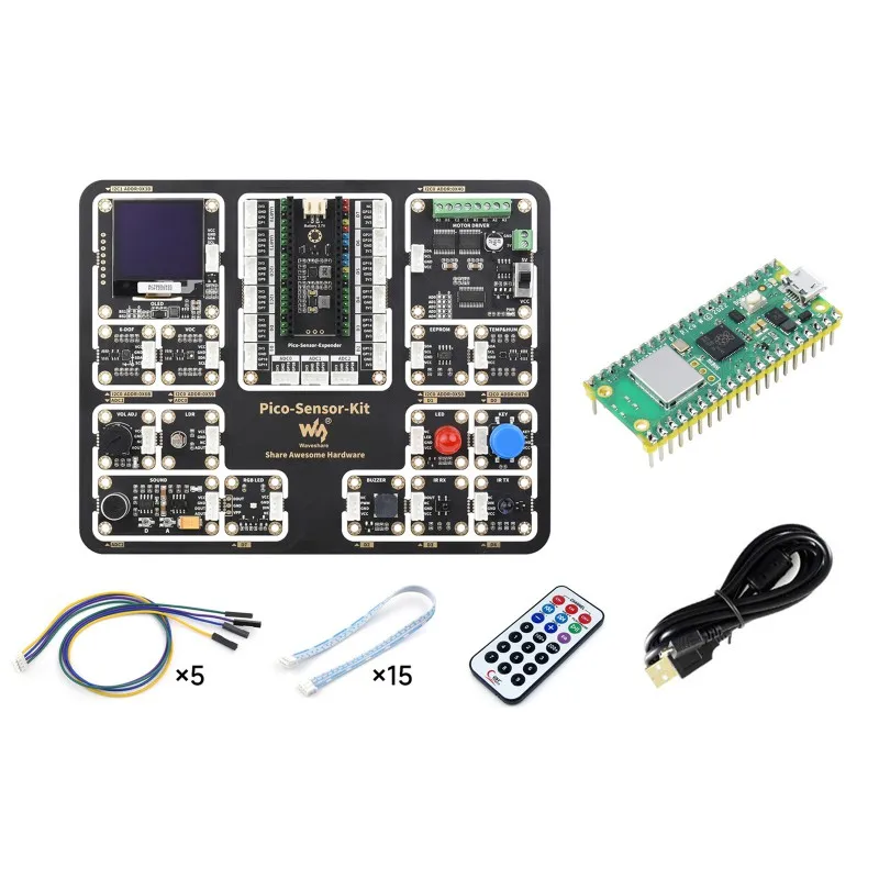 Raspberry Pi Pico Entry-Level Sensor Kit, Including Pico Expansion Board and 15 common modules, All-in-one design