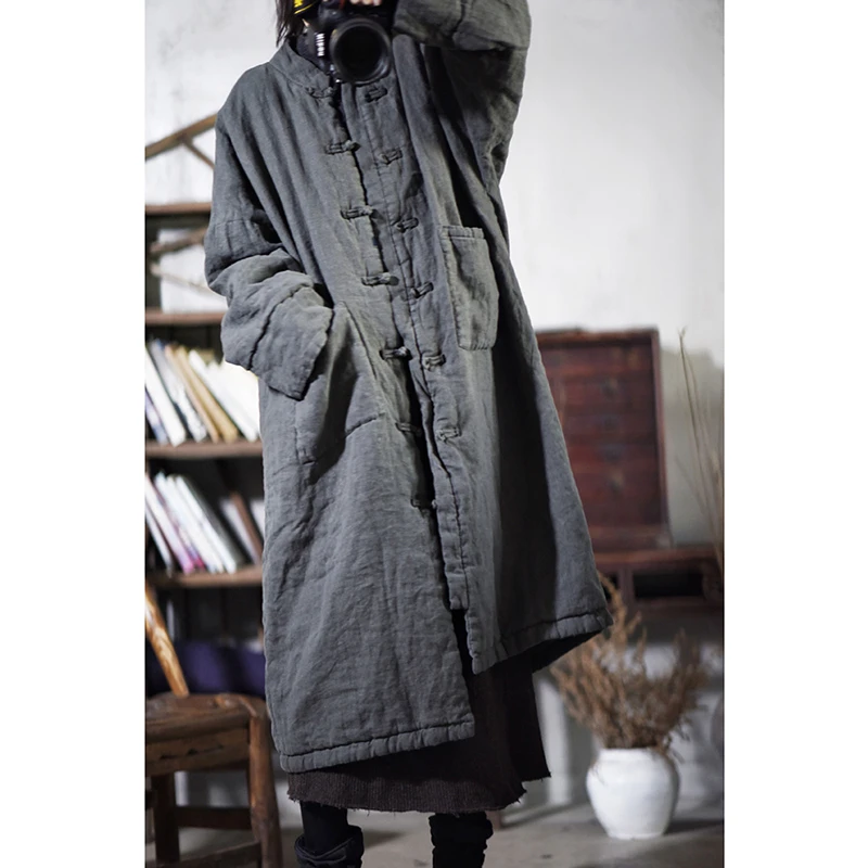 New Arts Style Winter Women Casual O Neck Long Sleeve Long Parker Single Breasted Good Quality Vintage Cotton Liner Coats Y186