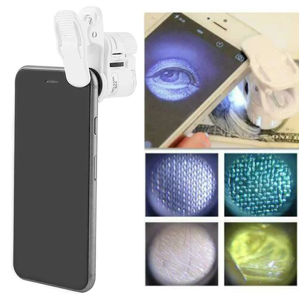Professional Microscope Lens 60X Magnifier Clip On for Smartphone Portable LED Light Mini Digital Zoom Tool Durable ABS Plastic