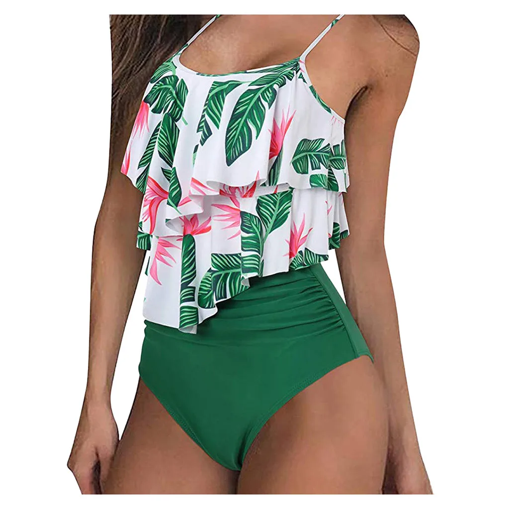 Dwuczęściowy strój kąpielowy Tankini dla kobiet w stylu Boho w kwiaty falbany z nadrukiem strój kąpielowy Bikini damski kostium kąpielowy zestaw