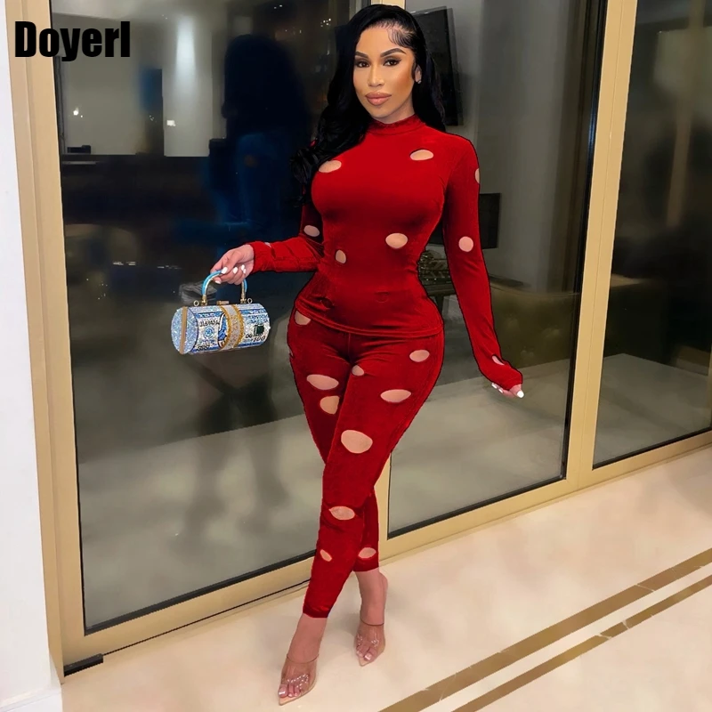 

Hollow Out Velvet Two Piece Set Women Clubwear Long Sleeve Crop Top and Sexy Pant Suits Night Party Club Matching Sets Tracksuit