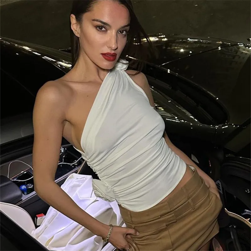 

2026 New Sexy Babes Slanted Shoulder Pleated Drawstring Splicing Flower Vest Women Vestido Plus Size 9XL 8XL 7XL 6XL XXXXXL