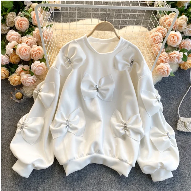 

Pullover Sweatshirts Hoodies Bow Splicing Decorative Top Women's 2025 Autumn and Winter Bubble Sleeve Loose Casual Outerwear