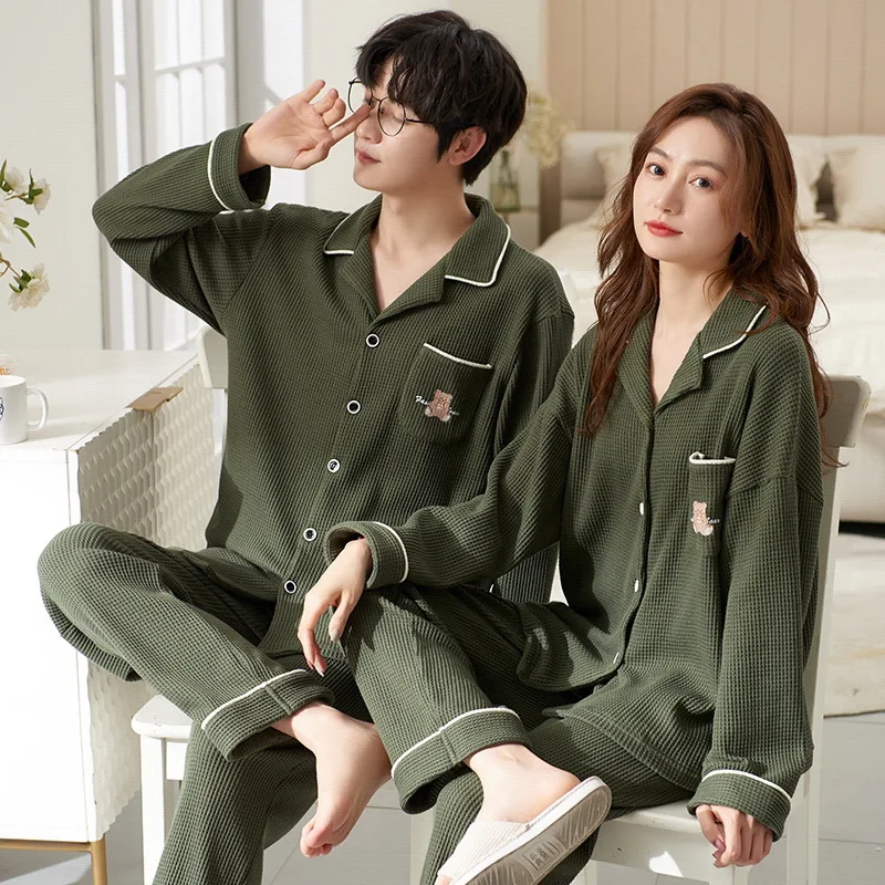 

Cardigan Cotton Nightwear Women and Men Pajamas Set Korean Spring Sleepwear For Couples Long Sleep Top Pant Home Suit Drop Ship