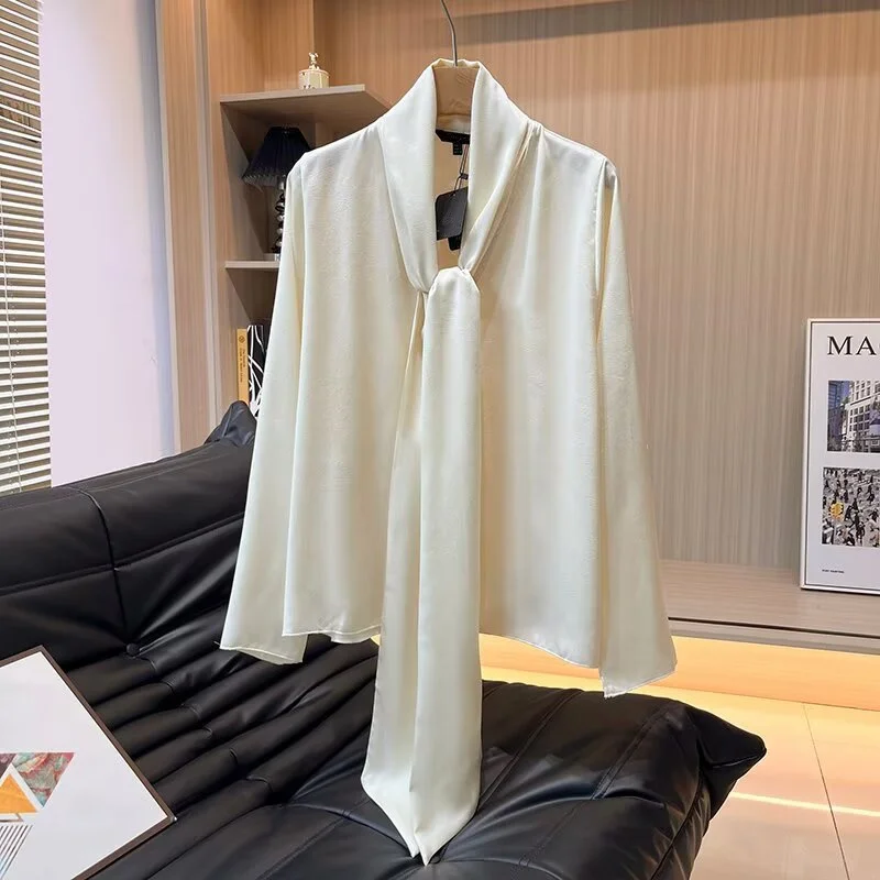 เสื้อเชิ้ตและเสื้อเบลาส์ Maxdutti เสื้อผ้าผู้หญิง เสื้อเชิ้ตคอผ้าซาตินสไตล์ฝรั่งเศส เสื้อเชิ้ตฤดูใบไม้ร่วง เสื้อเชิ้ตลำลอง เสื้อเบลาส์ฤดูใบไม้ร่วง