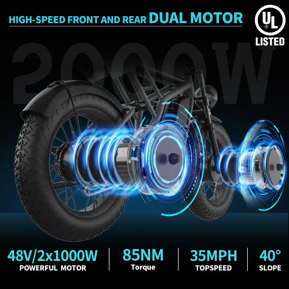 Freego Electric Mountain Bicycle Dual Motor&Dual Battery 2000W 48V/55Ah 20"x4.0" Fat Tires Off-Road Ebike 34MPH/103 Miles image 4
