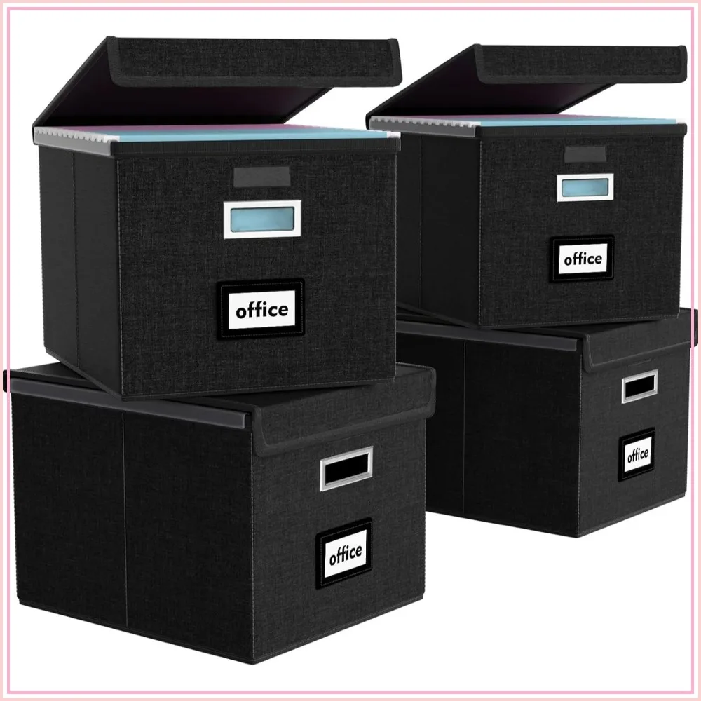 Collapsible File Organizer Box with Lids, 4-Pack, Black - Hanging File Folder Storage for Office, Letter/Legal Size, Durable & Space-Saving