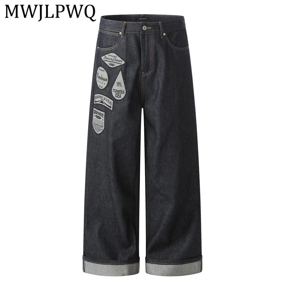 

MWJLPWQ Stylish Embroidered Wide-Leg Denim Pants For Men High Street Trend Cuffed Spring Autumn Loose Straight-Leg Jeans 14202