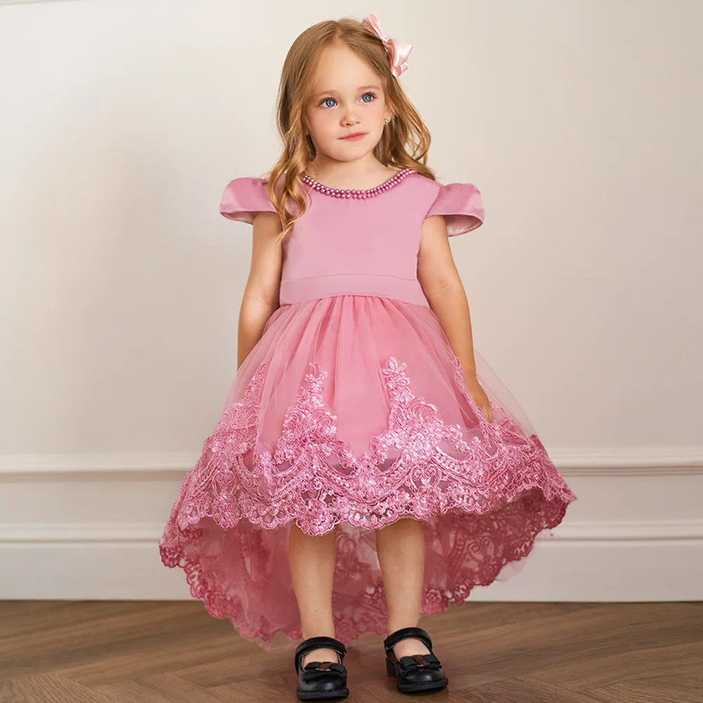 New 1-6 Years Summer Girls Dress Pearl Decoration Big Bow Lace Mesh Party Dress For Girls Children Birthday Present Clothes