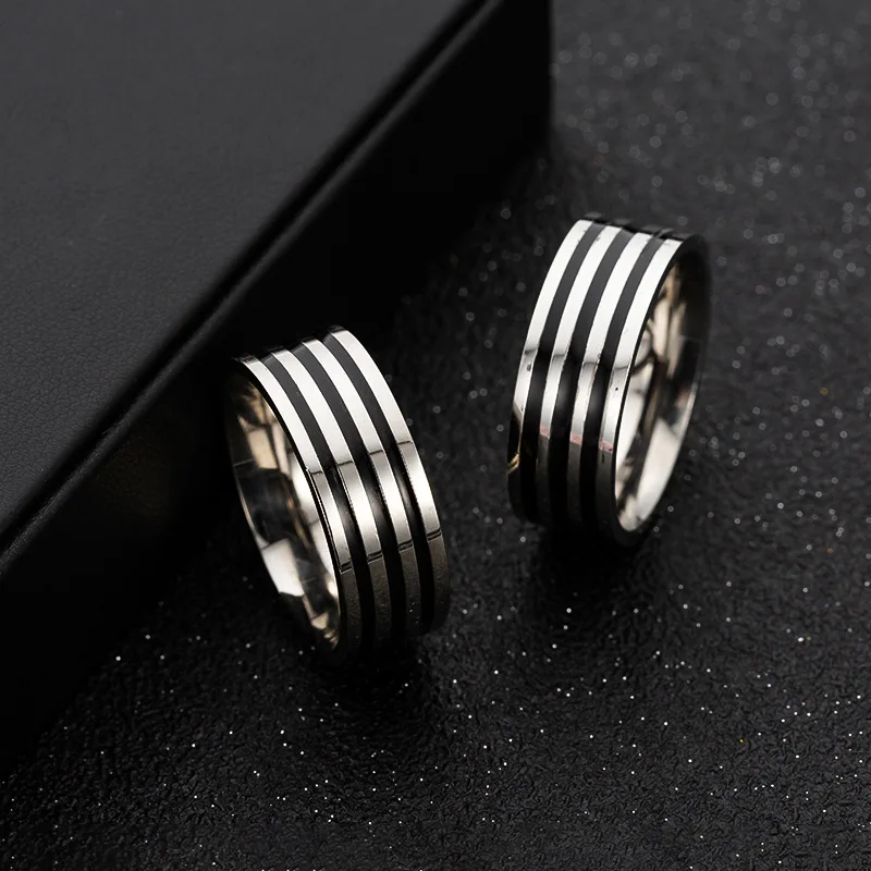 Classic Mens Wide Rings Dropping Oil Black Three Line Design Ring Men Women Hip Hop Stainless Steel High Quality Jewelry Gifts