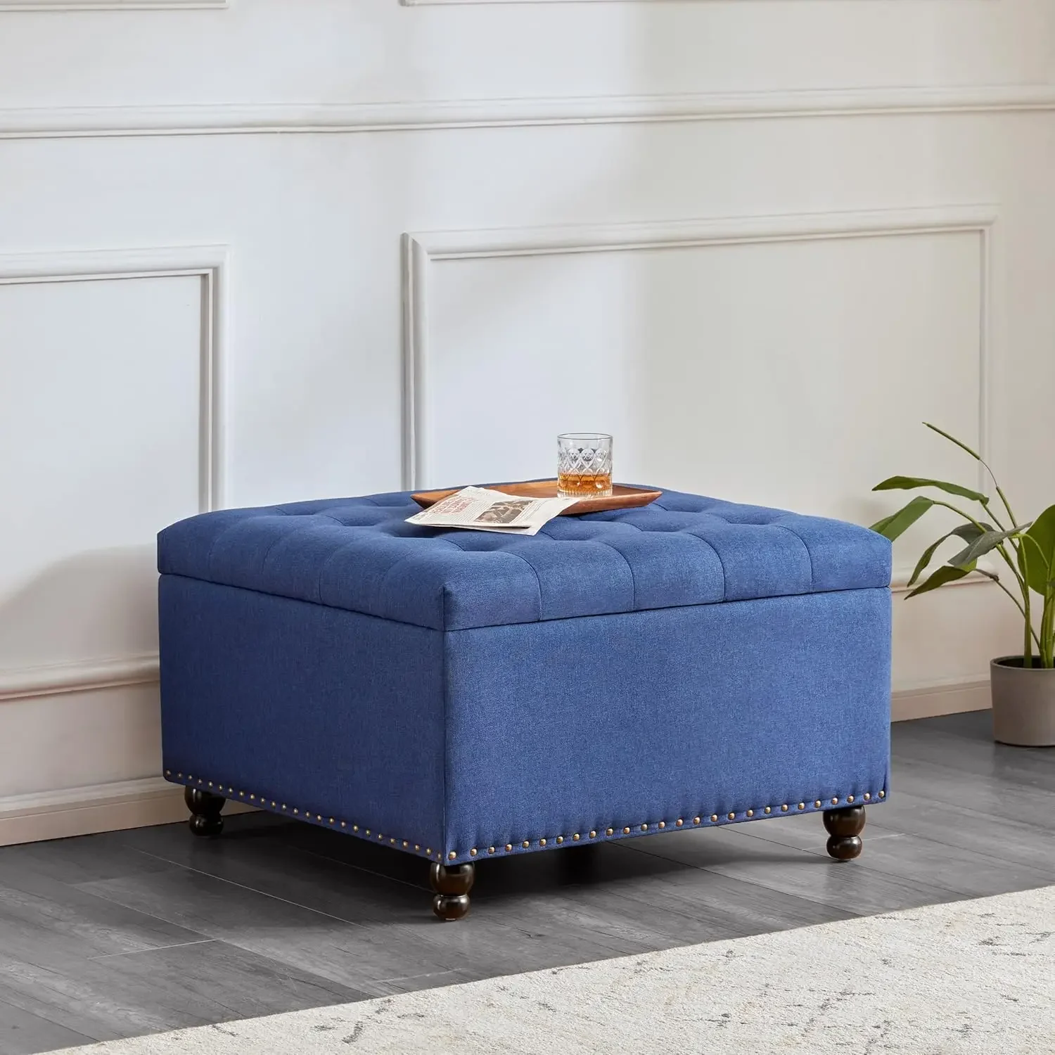 Grande Table Basse Carrée Tuftée avec Rangement, Banc Repose-Pieds Respiré pour Salon et Chambre à Coucher, Bleu