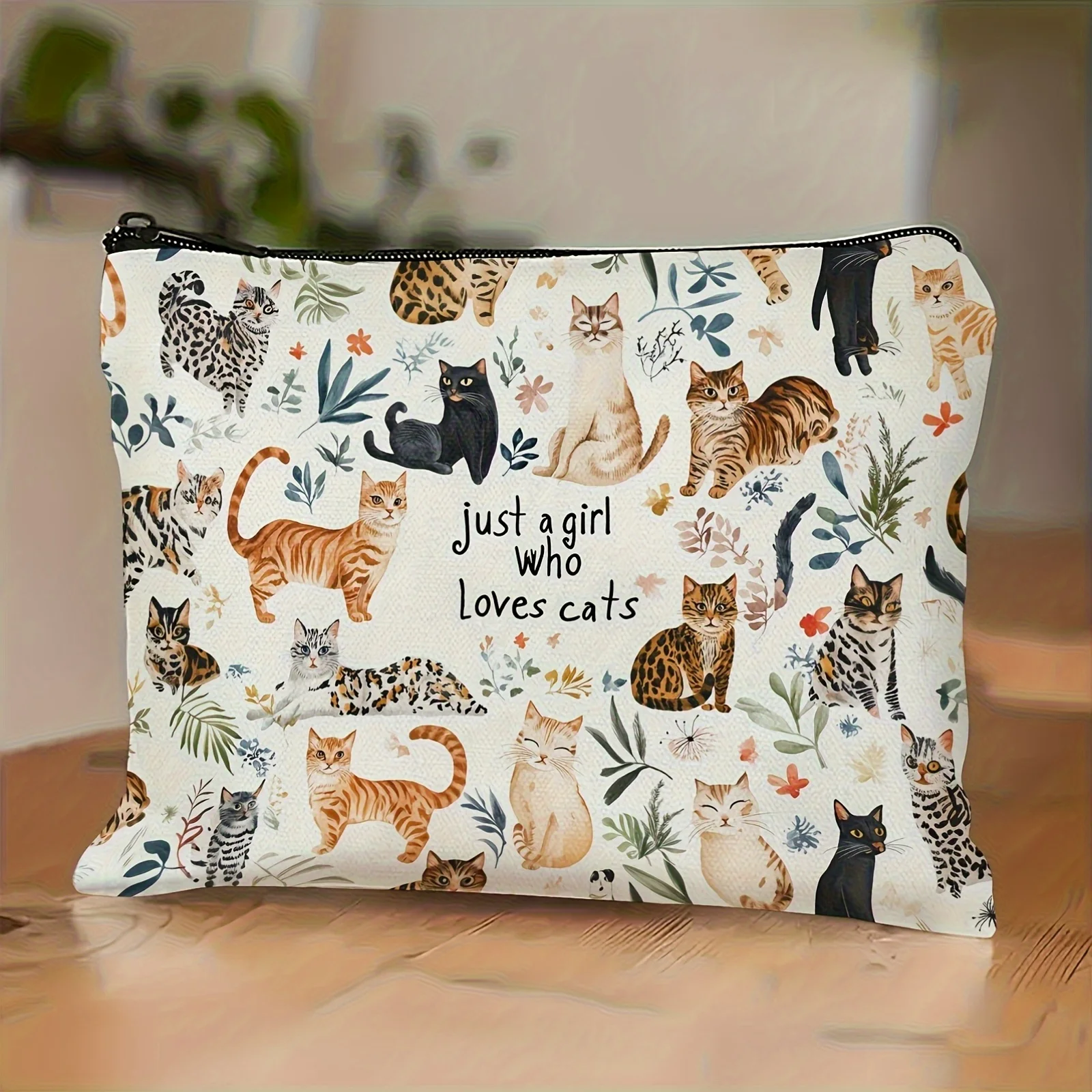 Chic Vintage Cat Print Cosmetic Bag Lightweight Makeup Pouch for Women & Men Coin Purse Storage Bag Zipper Pencil Case