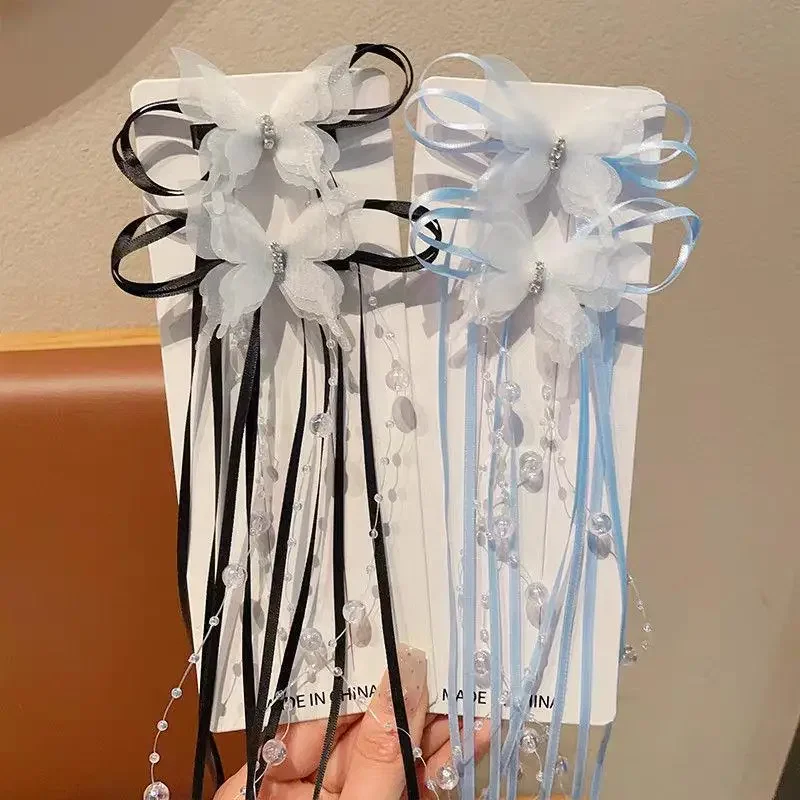 2개입 아기 여자아이 나비 태슬 헤어핀, 달콤한 롱 리본 진주 오리혀 공주풍 양면 헤어핀, 아동용 헤어 액세서리