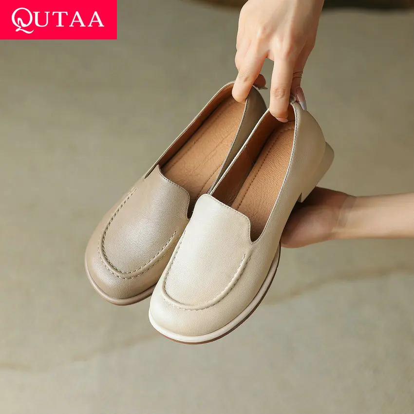 

QUTAA 2024 Women Pumps Spring Summer Low Heels Fashion Round Toe Shoes Woman Casual Working Genuine Leather Pumps Size 34-39