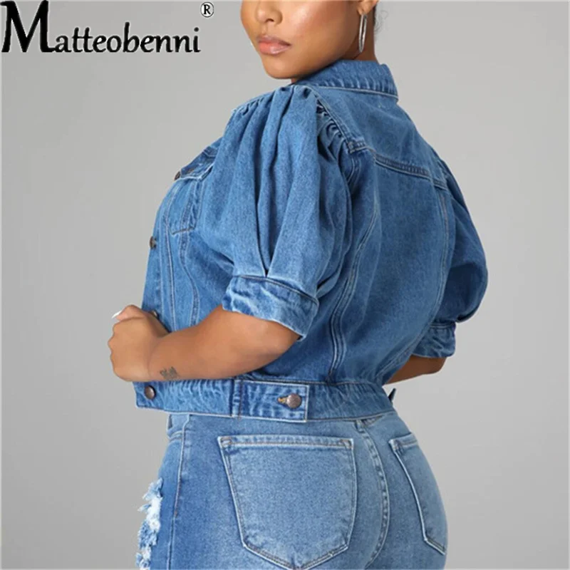 Women Sexy Ripped Denim Crop Jackets Tops 2022 Ladies New Vintage Casual Short Jean Jacket Puff Sleeve Female Coat Streetwear