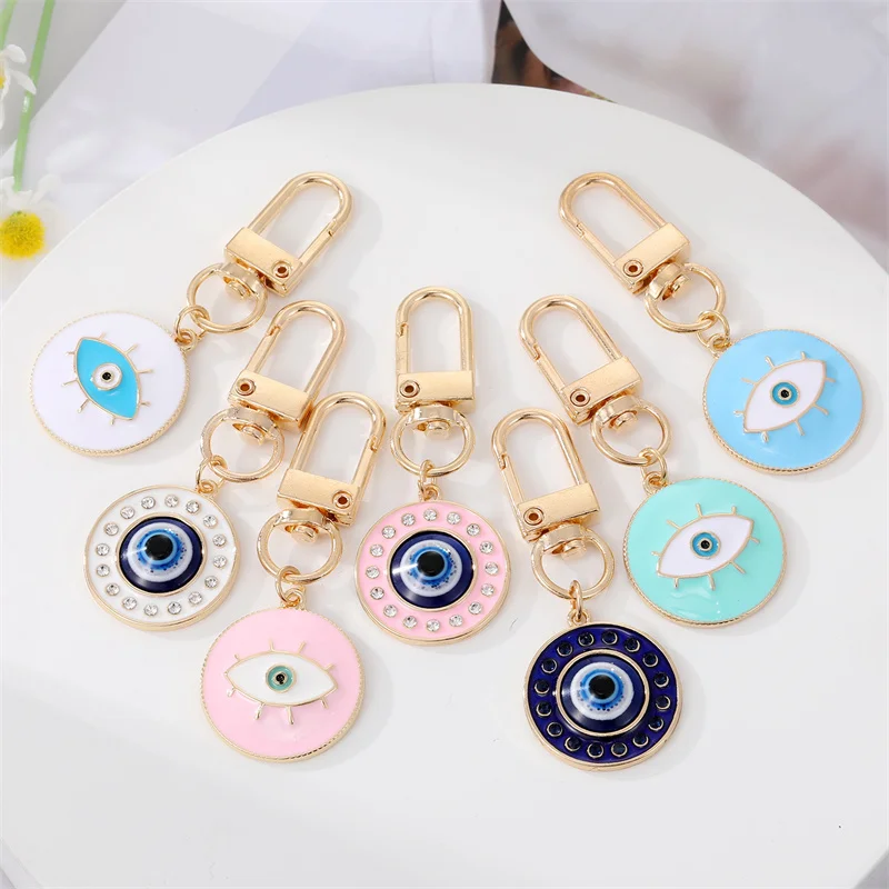 1Pcs Round Evil Eye Keychain Key Ring For Friends Couples Boho Blue Eye Bag Car Airpods Box Key Phone Charm Accessories Jewelry