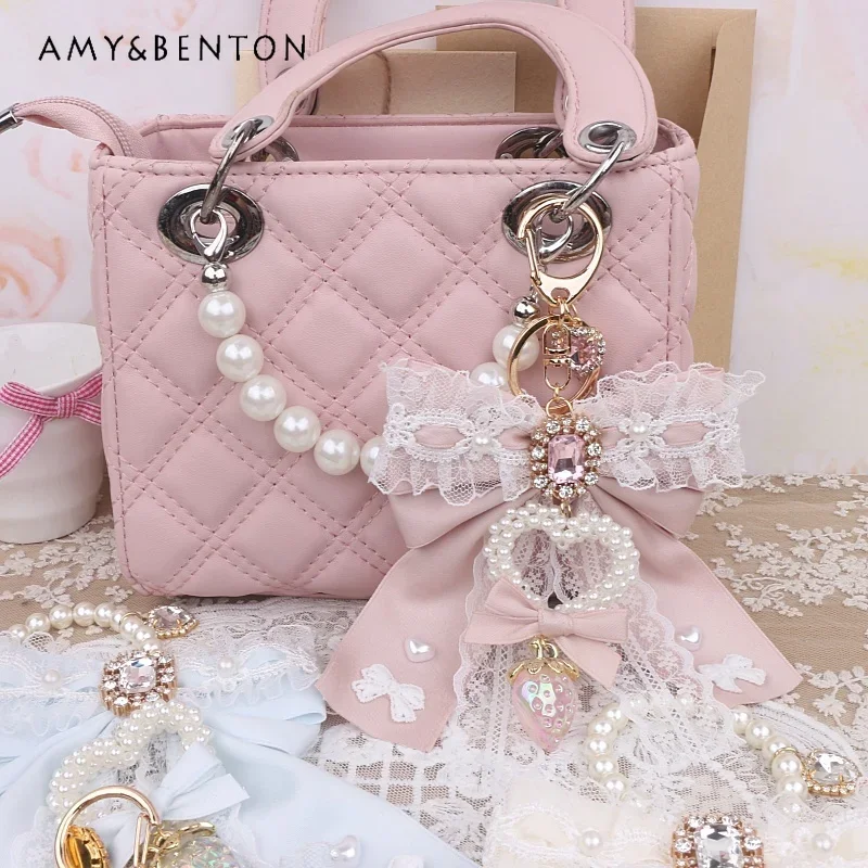 Handmade Mine Mass-Produced Handbag Pendant Heavy Industry Pearl Rhinestone Beaded Lace Bow Pendant All-Match Lolita Accessories