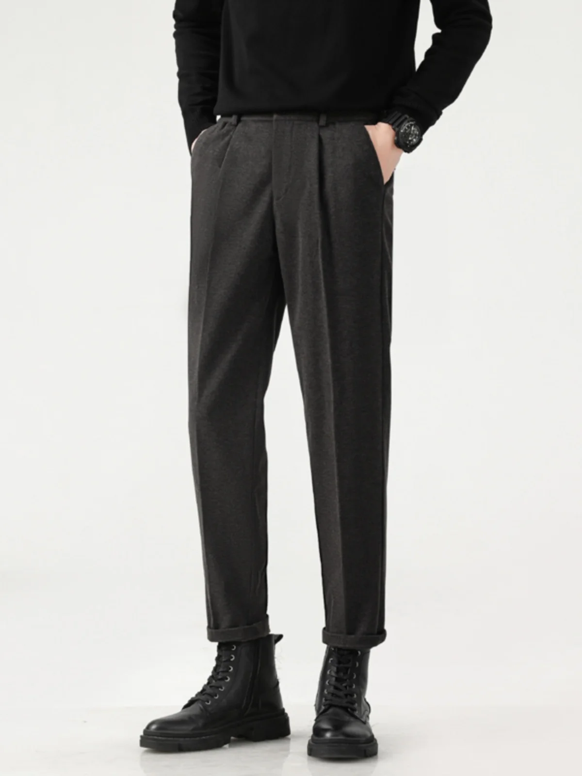 

Autumn Winter Men's Woolen Trousers Korean Sle Nine Points Dra Feeling Self-Heating Casual Long Pants Straight Leg