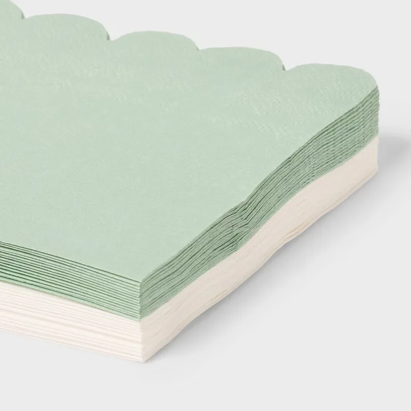 30ct Scalloped Edge Beverage Napkins Sage/White