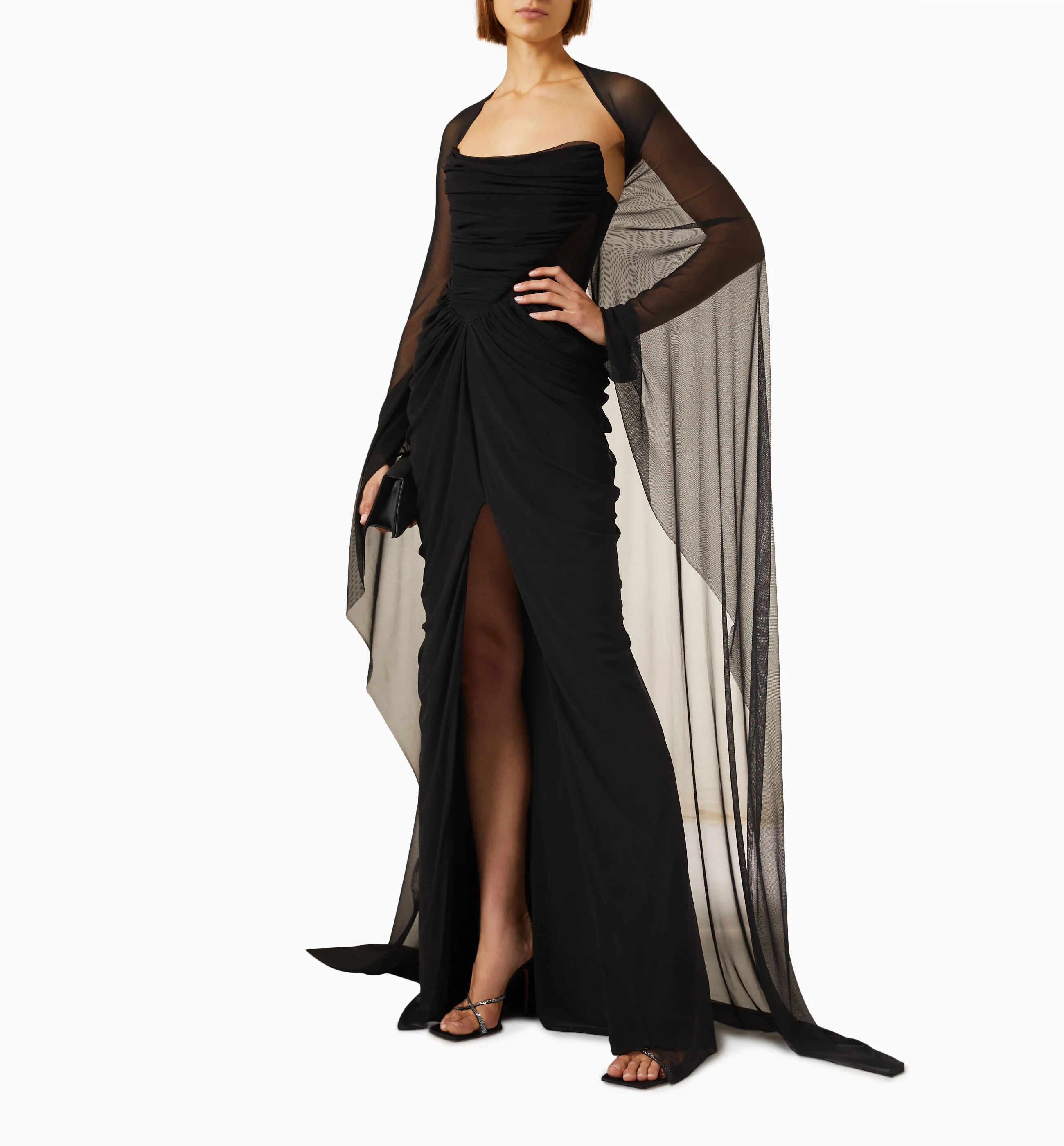 

ROSELLA Black Strapless Prom Dress with Cape Shawl High Slit Evening Gowns Pleated Mermaid Robes De Bal Vestidos Arab New 2024