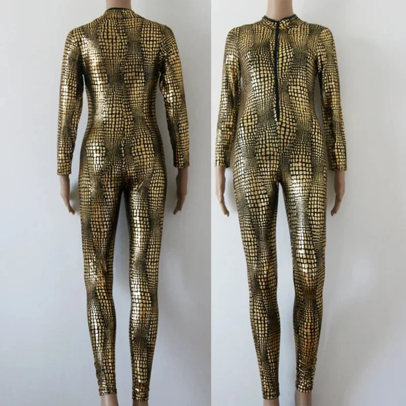 Sexy faux leather snake skin jumpsuit for women vinyl jumpsuit gold leather bodysuit spandex PVC latex wet look catsuit js967