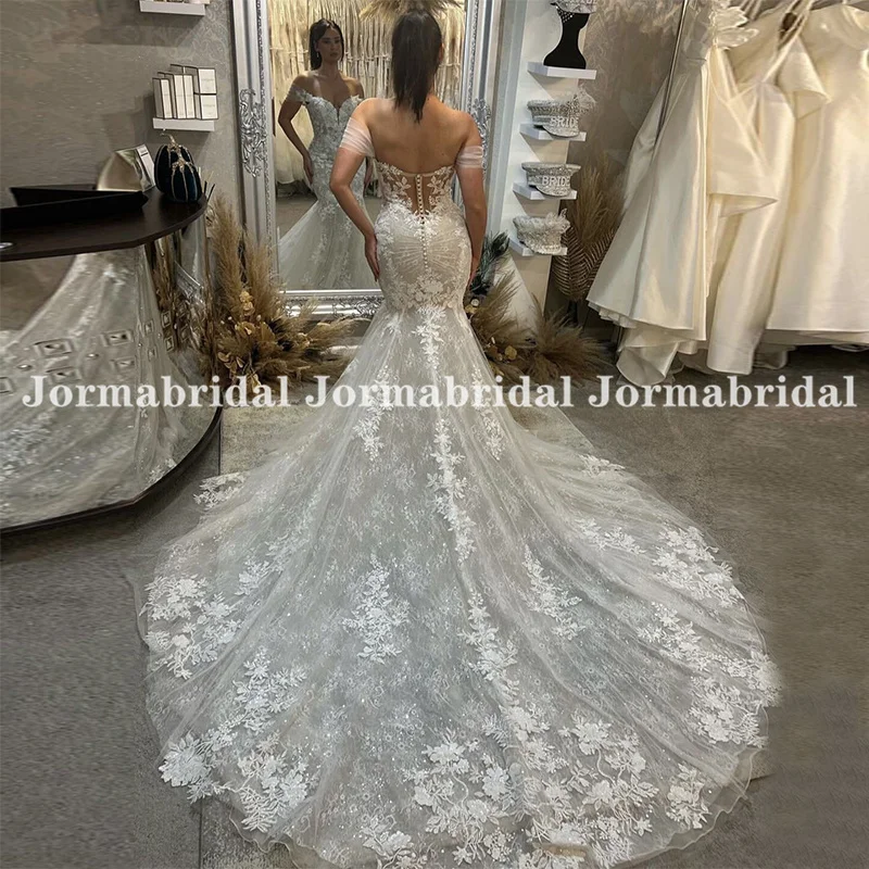 Fora do ombro lantejoulas rendas sereia vestidos de casamento luz champanhe apliques florais ilusão corpete longo trem vestidos de noiva