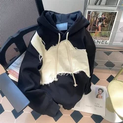 American retro unique unique patch stitching sweater women's autumn and winter new plus size loose fashion casual hooded coat.