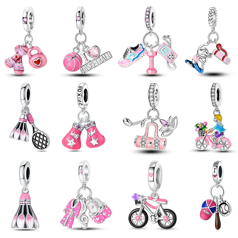 

New 925 Silver Basketball Football Yoga Sports Series Charms Beads Fit Pandach 925 Original Bracelets DIY Jewelry Birthday Gift