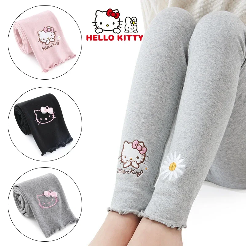 Hello Kitty Girl Stretch Leggings Autumn Winter Warm Pants Cartoon Embroidery Printing Kids Knitted Pants Trousers Leggings Gift